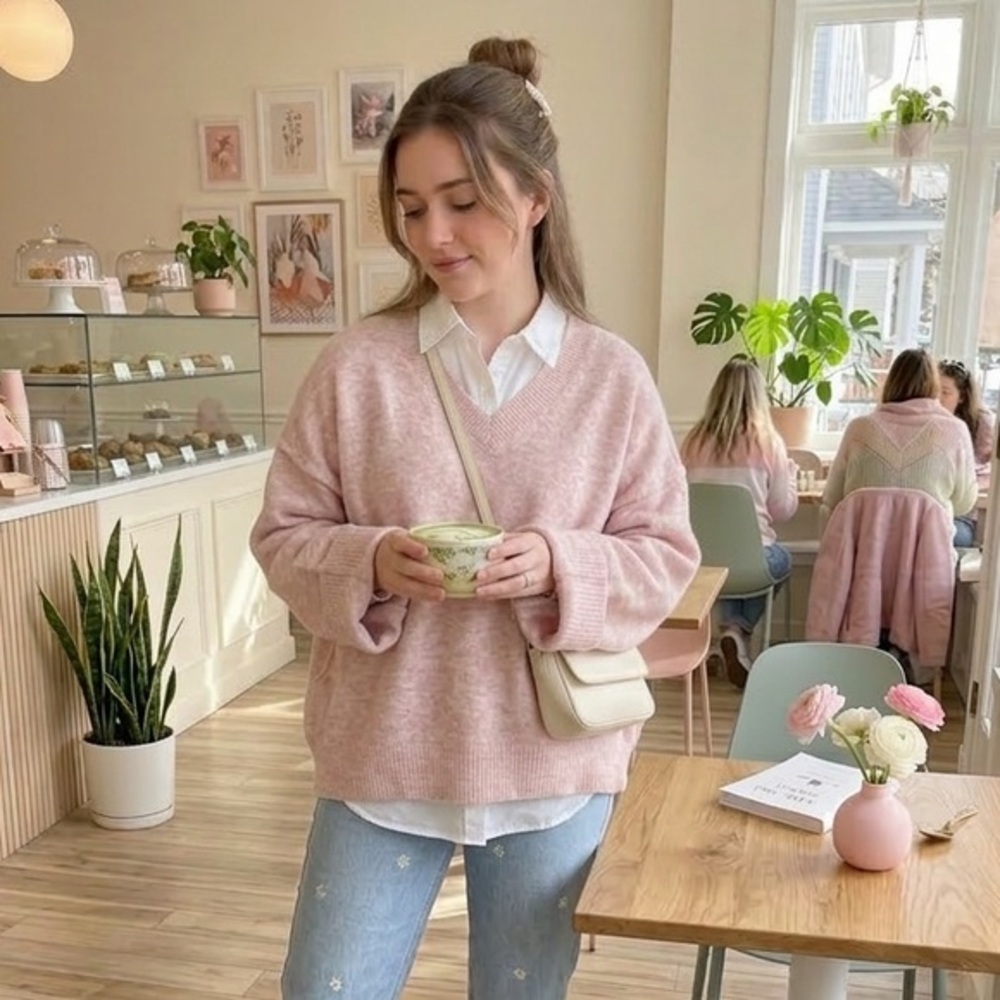 The Native Marled Pink Oversized Sweater Wool Blend L‎ Barbiecore Coquette Fairy